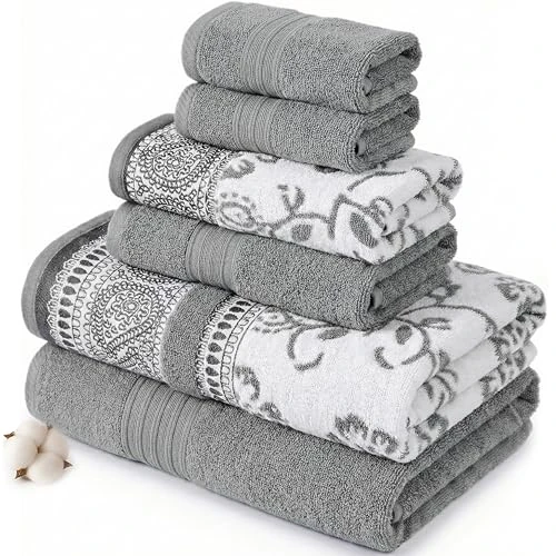 Modern Threads Ophelia Stone Lot de 6 Serviettes de Bain, 2 essuie-Mains, 2 débarbouillettes en Fil Teint Jacquard/uni
