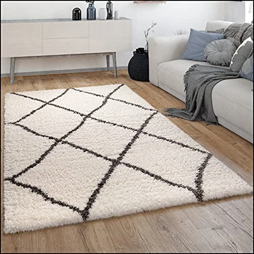 Offerta a tempo: Paco Home Tappeto A Pelo Lungo Salotto Shaggy Pelo Lungo Motivo Diamante Scandinavo, Dimensione:60x90 cm, Colore:Crema 6 - 0.00% da 29.99 € a 29.99 €