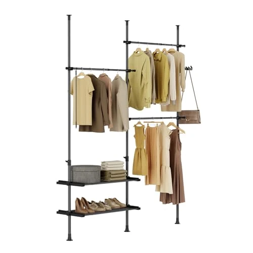 Limited-time offer: SoBuy Telescopic Clothes Rail with Hanging Rails & 2 Shelves for Bedroom | Heavy Duty Clothes Rack with Adjustable Open Wardrobe, Space-Saving Storage Organiser for Walk-in Closet, Black, FRG34-II-SCH from 46.95 £ to 39.90 £ (save 15%)