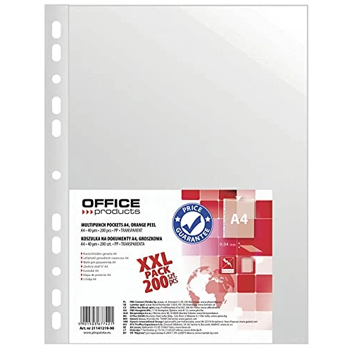 Punched Pockets Office Products PP A4 Orange Peel 40 MICR 200 Pieces/Document Archiving/Type-Orange Peel/Kind-Standard/Material-PP/Colour-Transparent/Format-A4 / Thickness (mm)-40