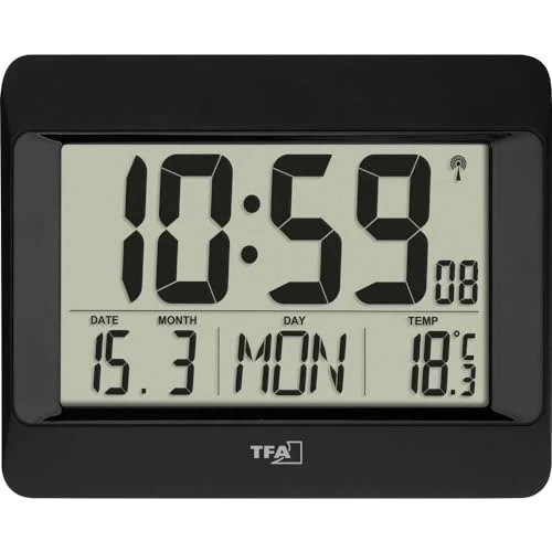 Offerta a tempo: TFA Dostmann Orologio da parete digitale, 60.4519.01, radiocontrollato con temperatura, giorno della settimana (8 lingue) anche italiano, data, orologio da cucina, nero, plastica - 37% da 32.49 € a 20.36 €