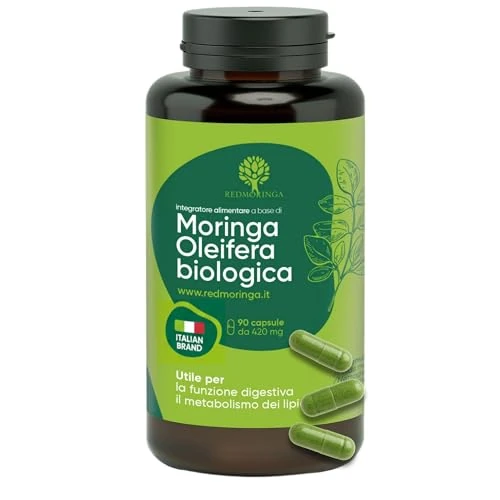 RedMoringa 100% Bio Moringa Kapseln Hochdosiert - 90 Vegane Moringa Kapseln für 2 Monate Vorrat - Unterstützt den Stoffwechsel, Entzündungshemmung - Superfood Hergestellt in Italien