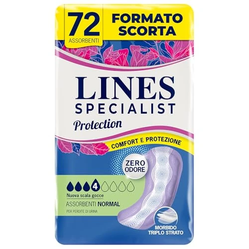 Offre limitée : Lines Spécialiste Serviettes pour incontinence pour femme, double technologie zéro odeur, super confort et minimum d'encombrement et absorption légère, carton de 72 unités de 32.50 € à 32.50 € (0.00% de remise)