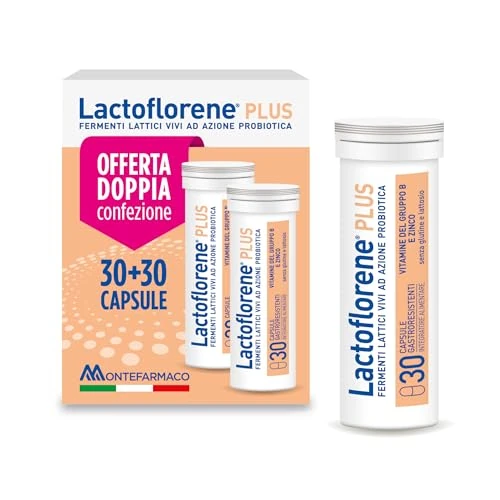 Offerta a tempo: Lactoflorene Plus, Fermenti Lattici, Probiotici, Senza Glutine Senza Lattosio - Integratori Adulti con Probiotici, Zinco, Vitamina B per l’Equilibrio della Flora Intestinale (2 Pack 30+30 Capsule) - 22% da 19.54 € a 15.19 €