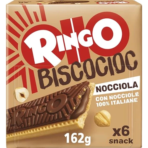 Pavesi Ringo Bisco Cioc Nocciole, Biscotto Ripieno di Crema con Nocciole Italiane 100% e Copertura di Cioccolato per Snack Dolce e Gustoso per la Merenda - Confezione da 6 Snacks - 162 g