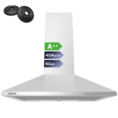 Offre limitée : CIARRA ASS6201 Hotte Murale Décorative 60cm 370m³/h - Classe A++ | 3 Vitesses - 63dB - Évacuation & Recyclage avec Filtres à Charbon CBCF002X2 - Inox Argenté de 119.99 € à 119.99 € (0.00% de remise)