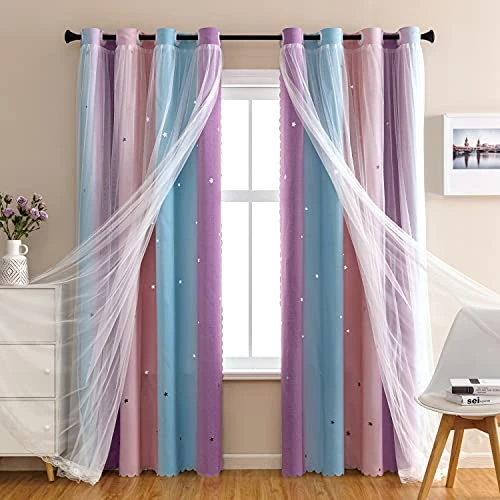 XiDi Dream Star, Tende oscuranti per finestre della camera da letto da bambino e bambina, 132 x 183 cm (larghezza x lunghezza), colore: rosa e viola