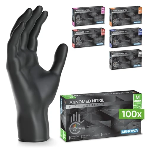 Offerta a tempo: 100x ARNOMED® Guanti nitrile M Nero, Guanti monouso senza polvere e lattice, Guanti plastica usa e getta dermanytril, Per cucina, pulizia casa, alimenti e tattoo XS, S, M, L, XL - 7% da 9.99 € a 9.29 €