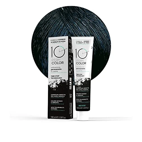 10 Perm, langanhaltende Express-Färbung, Haarfarbe 1.1 Schwarz Blau, Haarfarbe, schnelle und homogene Abdeckung in 10 Minuten, brillante Farbe, intensiv und hell, 100 ml