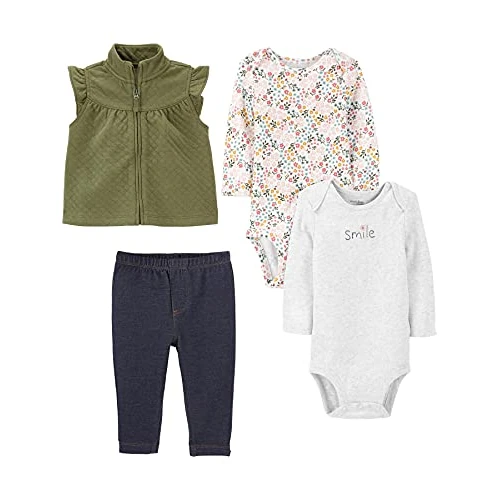 Offerta a tempo: Simple Joys by Carter's 4-Piece Bodysuit And Vest Set Gilet di Moda, Bianco Floreale/Grigio/Indaco/Verde Oliva, 0 Mesi (Pacco da 4) Bimba - 34% da 26.99 € a 17.91 €