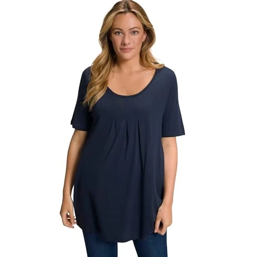 Offerta a tempo: Ulla Popken Maglietta da Donna Basic, Mezza Manica, Rughe, Linea ad A, Blu Marino, 60/62 IT - 17% da 19.99 € a 16.55 €