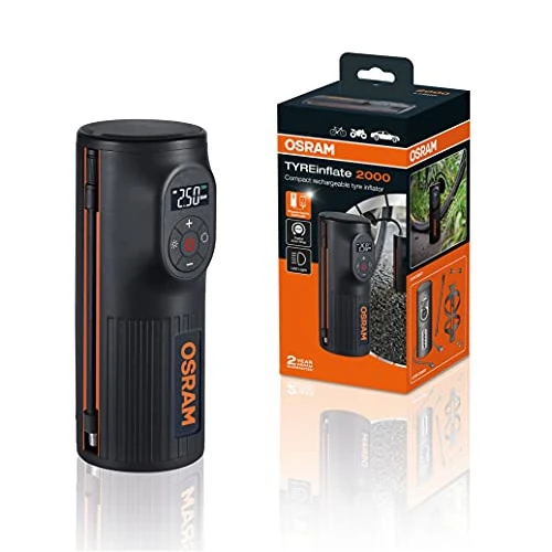 OSRAM TYREinflate 2000, kompakte wiederaufladbare Reifenpumpe mit LED Licht, tragbarer Kompressor für Reifen, Stromanschluss via USB, Reifenbefüllung in 2 Minuten
