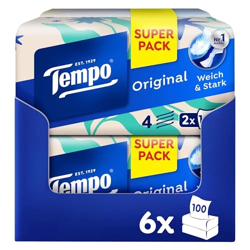 Tempo Original Tissues - Duo-Box Value Pack, 12 Boxes of 100 Extra Strong, Soft Paper Tissues Each, Machine Washable, Recyclable Packaging