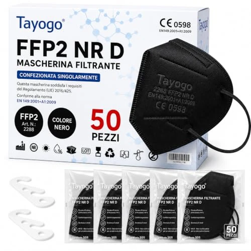 Offerta a tempo: Tayogo 50 Mascherine FFP2 Nere Certificate CE 0598 – 5 Strati, Filtrazione ≥ 99,5% – Anallergiche, Comode, Prive di Odore Mascherina Bianca Ultra Confortevole Confezionate Singolarmente + 2 Gancetti - 0.00% da 9.99 € a 9.99 €