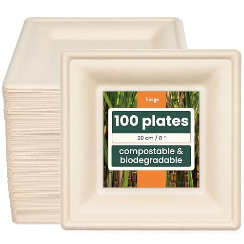 HAAGO 100 Platos Compostables de Caña de Azúcar, 20 cm / 8" Cuadrados - Platos de Cartón Resistentes, Anti-Grasa y a Prueba de Fugas – Biodegradables & Desechables para Fiestas, Navidad y Cumpleaños