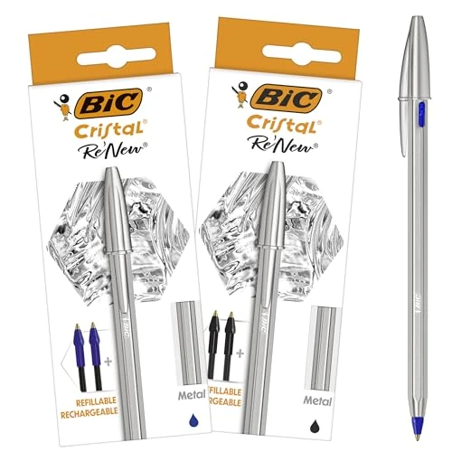 BIC Cristal Re'New Bolígrafo de metal recargable, pack de 2 bolígrafos + 4 recargas, tinta azul y negro