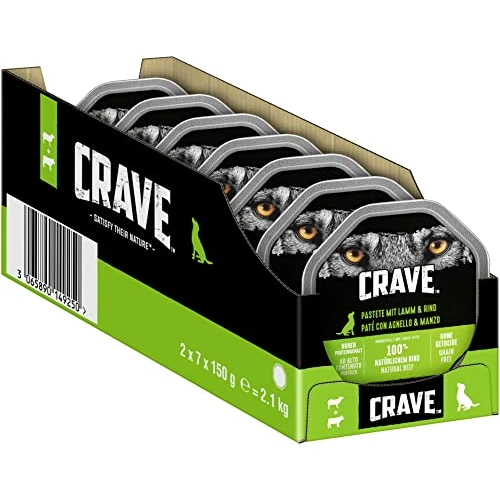 Crave Mangime per cani per adulti con agnello e manzo, 14 ciotole, 7 x 150 g (confezione da 2) – cibo per cani di alta qualità bagnato con alto contenuto proteico senza aggiunta di cereali