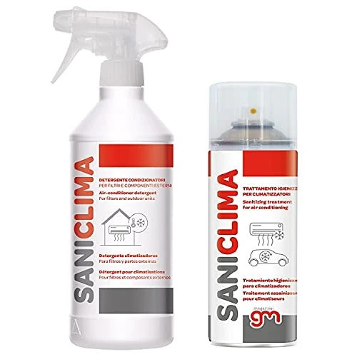 Offerta a tempo: MagazziniGM SANICLIMA, Kit Sanificazione e Pulizia per Climatizzatori, Liquido Pulizia 750ml e Spray Igienizzante 400ml,Disinfettante Antibatterico, Elimina Odori (Detergente + igienizzante) - 0.00% da 19.50 € a 19.50 €