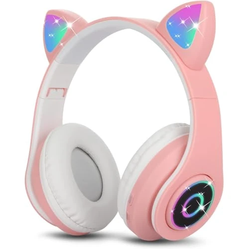 Sendowtek Draadloze hoofdtelefoon voor meisjes, handsfree met geïntegreerde microfoon en ledlicht, compatibel met mobiele telefoons/pc's, bluetooth-hoofdtelefoon, kattenoren, voor kinderen, meisjes en