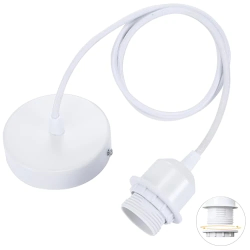Offerta a tempo: Linkind Portalampada E27 in Metallo, Lampada a Sospensione con Cavo(100CM Altezza Massima Regolabile) e Anello Filettato, Portalampada Compatibile con Paralume(Bianco) - 0.00% da 16.99 € a 16.99 €