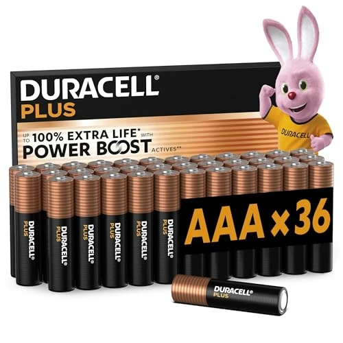 DURACELL Plus Pilas AAA (Paquete de 36) – Pilas alcalinas 1,5 V–Hasta un 150 % de duración extra con activos POWER BOOST–Fiabilidad para dispositivos cotidianos–Envase con 0 % de plástico–MN2400