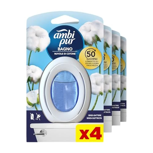 Offerta a tempo: Ambi Pur Bagno Profumatore Per Ambienti, 4 Profumatori, Fragranza Nuvole di Cotone, Diffusore Ambiente con Tecnologia Elimina Odori, Durata Fino a 50 Giorni per Profumatore — 35% da 19,99 € a 12,99 €