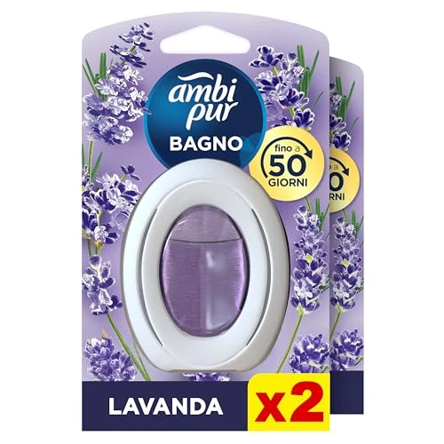 Offerta a tempo: Ambi Pur Bagno Profumatore per Ambienti ad Azione Continua, 2 pezzi, Fragranza Lavanda, Eliminazione e Prevenzione degli Odori, fino a 50 giorni di Profumo - 40% da 8.99 € a 5.38 €