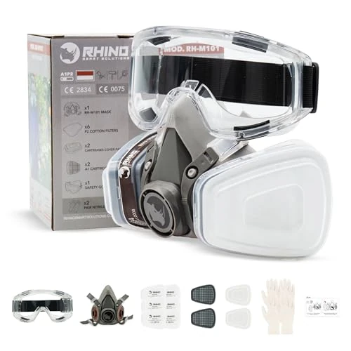 Offre limitée : RHINO Smart Solutions Masque Peinture A1 Protection Respiratoire Réutilisable Anti Poussiere, Gaz, Chimique, Resine Epoxy, Travaux du Bricolage | Avec Filtres en Coton, Lunettes de Sécurité, Gants de 29.99 € à 29.99 € (0.00% de remise)
