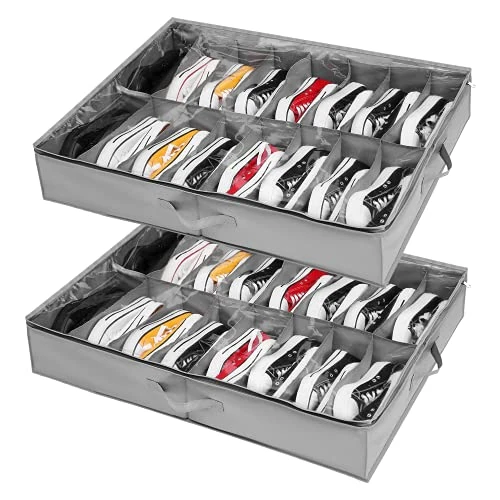 Offerta a tempo: VAESIDA Portascarpe Pieghevole sotto Il Letto 2 Pezzi, per 32 paia di Scarpe, Custodia Sottoletto Contenitori per Scarpe, Manici Rinforzati, Organizer Scarpe Trasparenti Divisori Regolabili - 28% da 33.99 € a 24.49 €