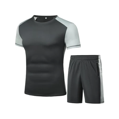 Wayleb Men's Jogging Suit, Tracksuit, Sports Suit, Football Sportswear, 2-Piece Summer Shortsuit, T-Shirts + Shorts Sets, Leisure Suit, Fitness, Gym, Running - Grey - S