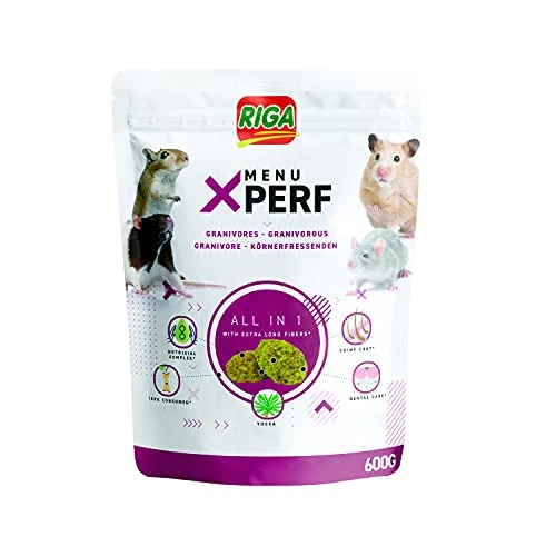 Offerta a tempo: Riga -Menu X'Perf per roditori, criceti, topi, gerbilli, ratti -Miscela di cereali, verdure, olio di salmone ed estratti di manioca -Arricchito con prebiotici -Ideale per una pelliccia lucida -600g - 16% da 10.00 € a 8.40 €