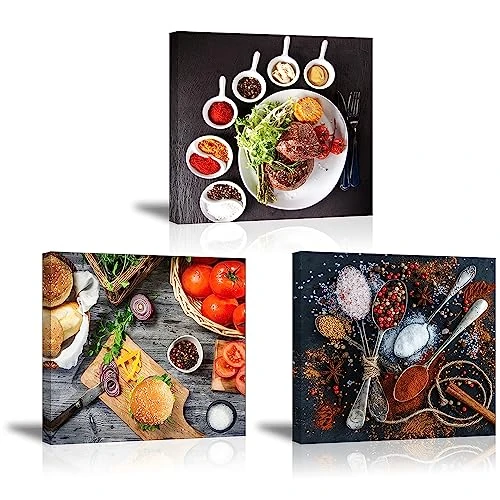 Piy Painting Spices and Spoons Painting Print on Canvas for Kitchen - Modern Stretched And Framed Canvas Painting - Pepper Pictures Wall Art Ready Hanging for Home Office (12x12 in) 3pcs