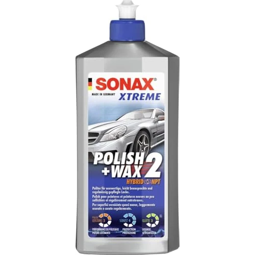 SONAX Xtreme Polish+Wax 2 Hybrid Npt Polish pour surfaces peintes presque neuves, légèrement usées et soignées régulièrement, couleurs et brillance profondes, 500 ml, article numéro 02072000-820