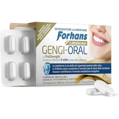 Forhans, Integratore Alimentare Gengi-Oral, con Lattoferrina, D-Biotina e Prostrength, Azione Anti Infiammatoria per Cavo Orale, Senza Lattosio, Senza Glutine, Senza Zucchero, 30 Compresse Orosolubili