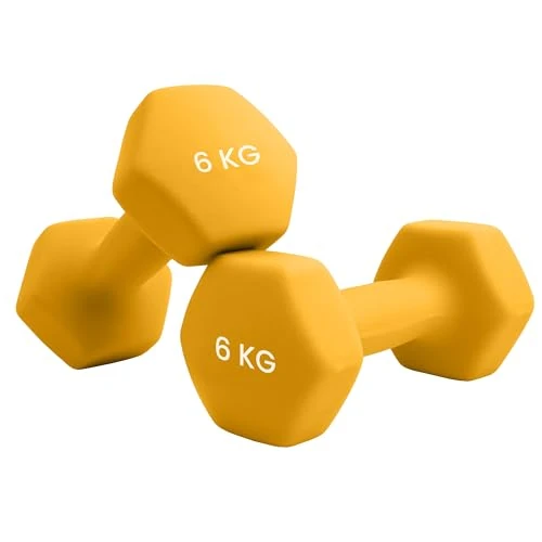 unycos - Set de 2 Haltères 6 kg, Musculation, Cross-Training, Enveloppe Caoutchouc Résistante aux Chocs, Fitness, Poids Courtes, Anti-Roulement, Hexagonaux, Entraînement à la Maison (Jaune)