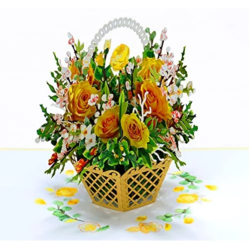 CUTPOPUP Yellow Rose - Pop-Up-Karte mit gelbem Rosenkorb, Pop-Up-Blumenkarten, handgefertigte Blumen-Grußkarten, 3D-Geburtstagskarte, Muttertagskarte, Pop-Up, Thinking of You, Dankeskarte DE