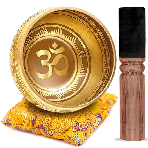 Offerta a tempo: Himalayan Bazaar - Set di campane tibetane, facile da suonare, design Om per meditazione, suono, chakra, yoga, guarigione, 10 cm, colore: oro e giallo - 25% da 36.97 € a 27.75 €