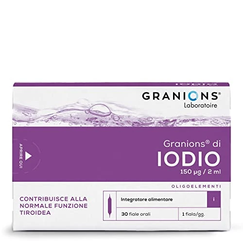 Granions Iodio Integratore 150 µg, Contribuisce alla Normale Funzione Tiroidea, Integratore Alimentare, Metabolismo dei Lipidi, Tiroide, 30 Fiale, Iodio Puro, Durata 1 Mese