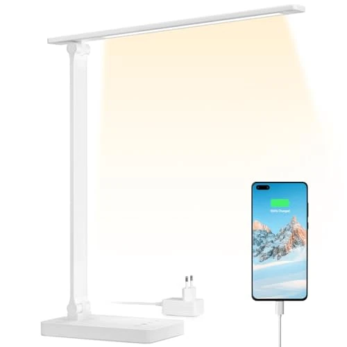 Lepro Lampa biurkowa LED, 15 W, ściemniana, 655 lm, 3 tryby kolorów i 5 poziomów jasności, złącze USB, ochrona oczu, lampka do czytania do biura, gabinetu, stolika nocnego i czytania, biała