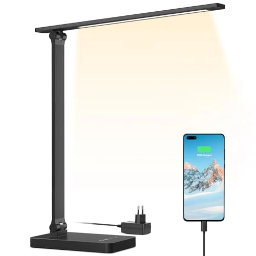 Oferta ograniczona: Lepro Lampa biurkowa z portem USB 655 lm, lampa biurkowa 15 W z adapterem, 3 tryby kolorów i 5 poziomów jasności, możliwość ściemniania, antyodblaskowa, do czytania, manikiurzystki, czarna z 106.67 PLN na 106.67 PLN (zniżka 0%)