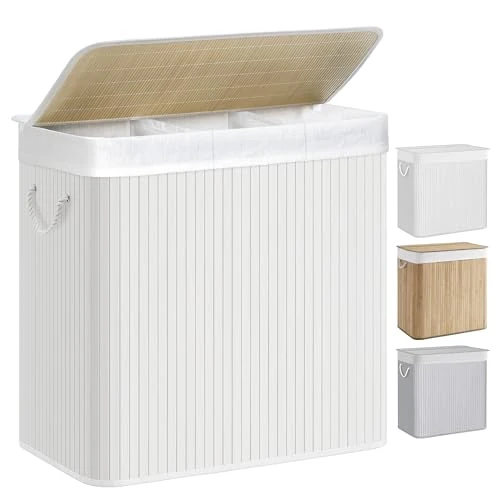Offerta a tempo: SONGMICS Cesto Portabiancheria, 150 L, Cesta Biancheria a 3 Scomparti in Bambù, Coperchio, Maniglie, Pieghevole, Sacco Rimovibile e Lavabile in Lavatrice, Lavanderia, Casa, Bagno, Bianco LCB091W01 - 37% da 61.99 € a 38.99 €