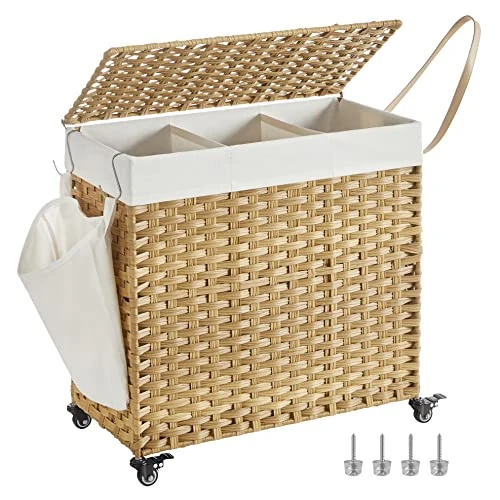 Limited-time offer: SONGMICS Laundry Basket with Lid, 140 L, Rolling Laundry Hamper with Wheels, 3-Compartment Synthetic Rattan, Removable Liner, for Laundry Room, Bedroom, 66 x 33 x 66 cm, Natural LCB363N01 from 54.99 £ to 42.74 £ (save 22%)