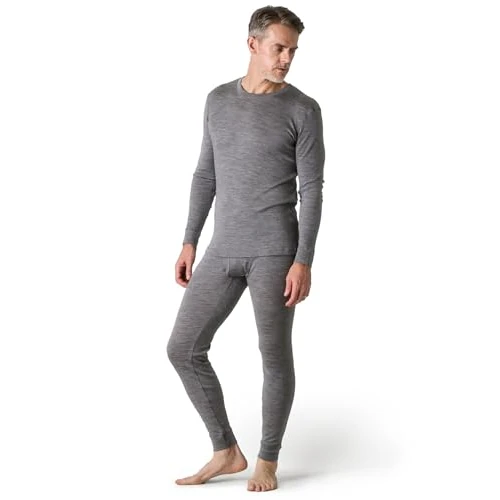 LAPASA Męski zestaw 100% wełny merynosów z długim rękawem, lekka, miękka bielizna termiczna, góra i dół (Thermoflux M31 M126), Szary wrzosowy - lekki, XXL