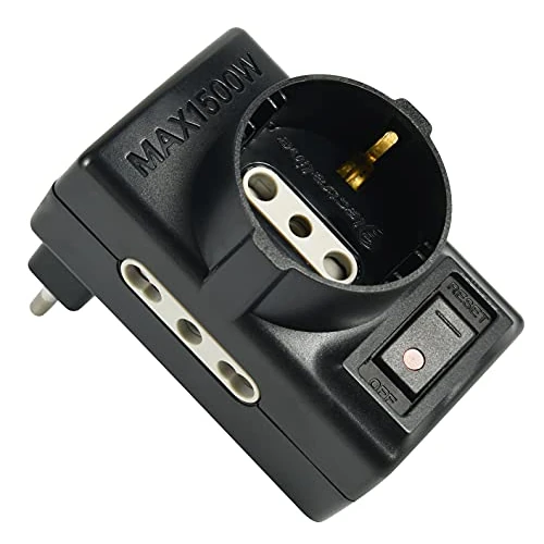Electraline 70001 adapter 3 x potrójne gniazda (2 x gniazdo wtykowe 10/16 A i 1 x wielofunkcyjny Schuko + 10A), mała włoska wtyczka 10 A z przełącznikiem z reduktorem ON/OFF, czarny, 1 opakowanie