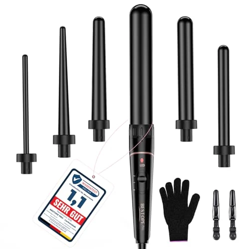 Set ferro arricciacapelli con diversi accessori - BESTOPE PRO 6 in 1 ferri arricciacapelli set ricci grandi e piccoli, ferro ondulato in ceramica con guanti