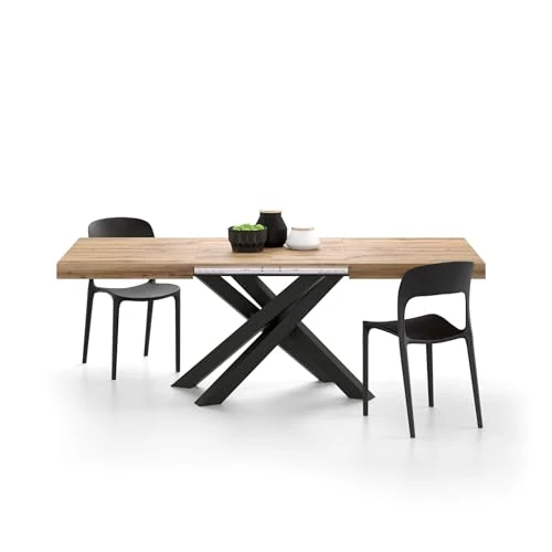 Mobili Fiver, Emma 140(220) x90 cm uitschuifbare tafel, rustiek eiken met zwarte kruispoten, Made In Italy