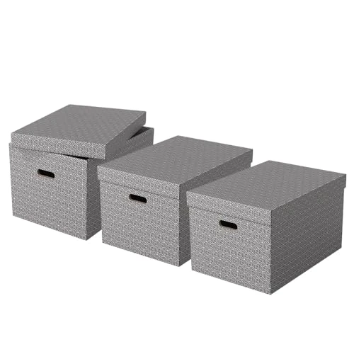 Offerta a tempo: Esselte Set di 3 Contenitori Grandi con Coperchio in Cartone Riciclato e Riciclabile al 100%, Ottimali per lo Stoccaggio e l'Archiviazione, Design Geometrico, 355 mm x 305 mm x 510 mm, Grigio - 43% da 35.28 € a 19.99 €