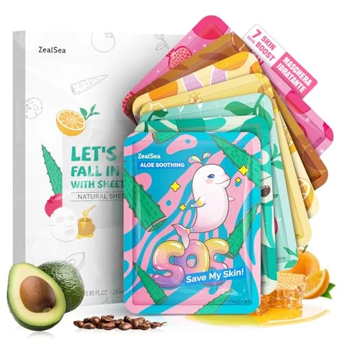 ZealSea masques visage femme, coffret 7 masques tissu (variété 7 jours) hydratation intense & éclat, self-care quotidien, idée cadeau, moment en famille, ados/enfants/filles, tous types de peau