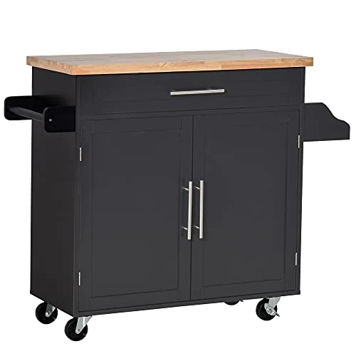 Offerta a tempo: HOMCOM Carrello da Cucina Multiuso con Cassetto, Ruote, Portaspezie e Armadietto, Mobiletto Cucina con Ripiano Regolabile, Portasciugamani e Piano in Legno di Caucciù, 109x40x89 cm, Nero - 10% da 117.95 € a 106.15 €