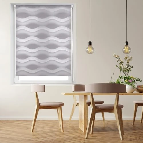 Blindecor Luna. Estor enrollable de doble capa ondulado, Noche y Día. Plata, 47X150 cm (ancho x largo). Tamaño de la tela 44X145 cm (ancho x largo)